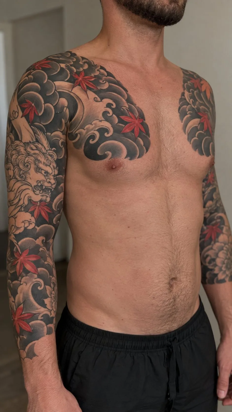 Japanese sleeve and chest panel with maple leaves and waves