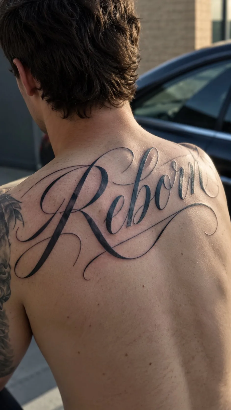 Script lettering tattoo reading Reborn across the upper back