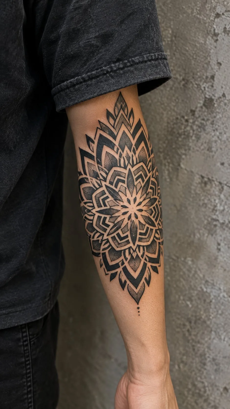 Bold black mandala tattoo on the forearm