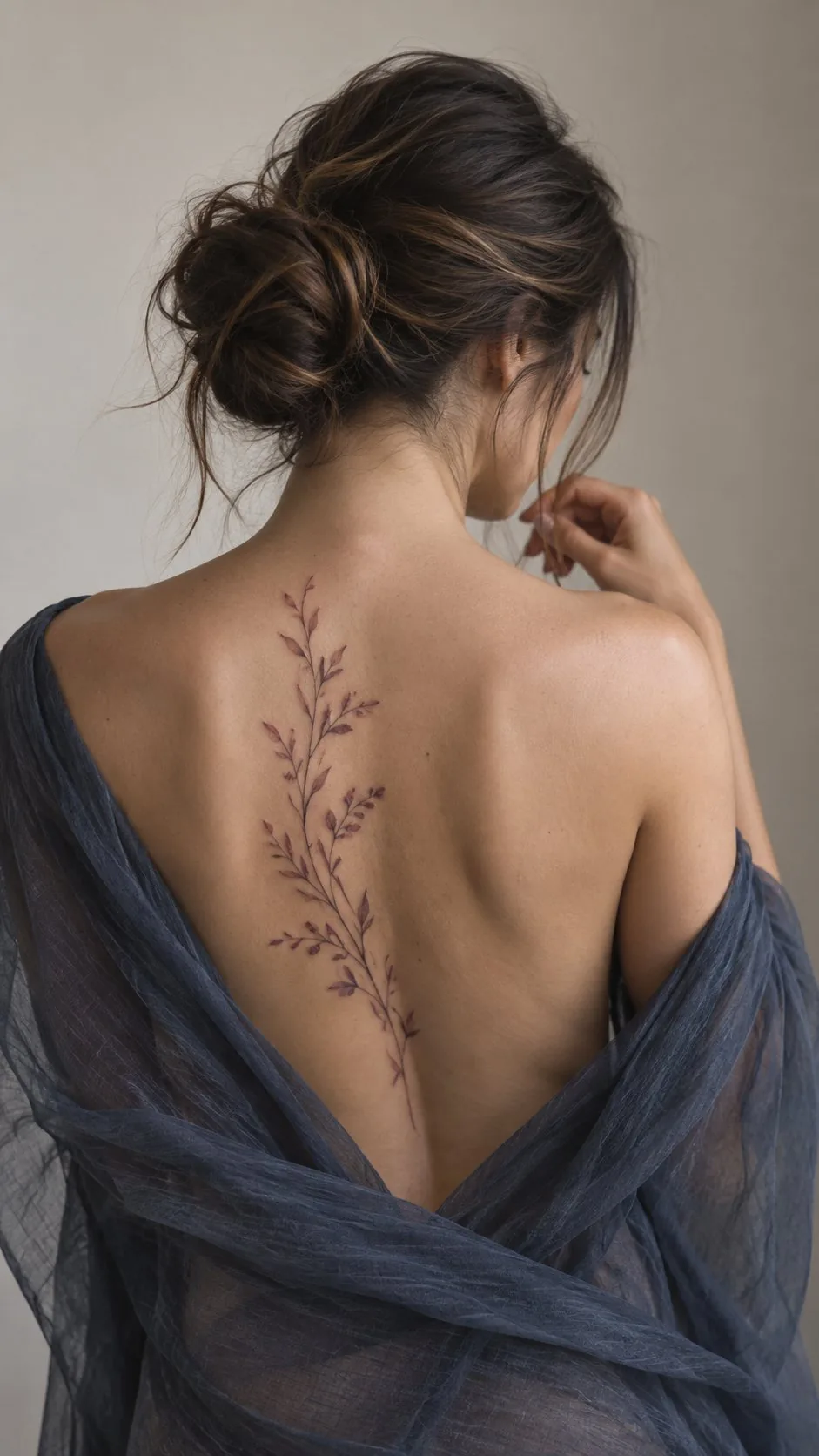 Fine-line botanical vine tattoo along the spine