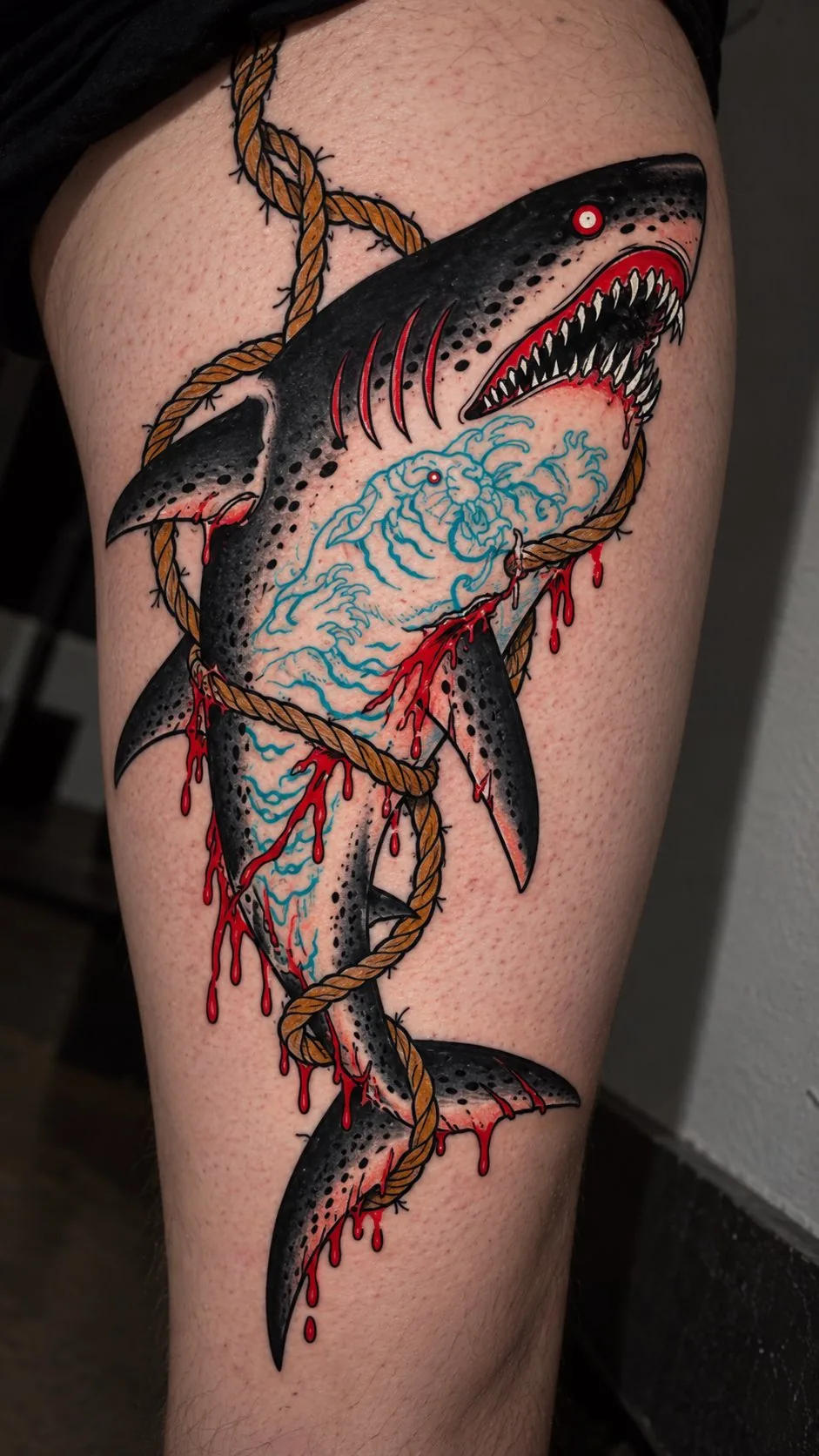Neo-traditional shark and rope thigh tattoo